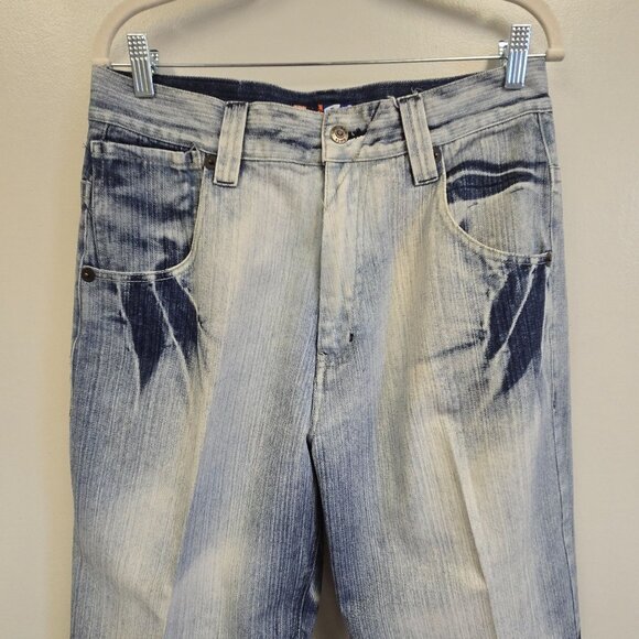 Raw Blue Y2K 2000s Men's 32x32 Denim Jeans Distressed Bleach Wash Flap Pockets - Picture 3 of 12